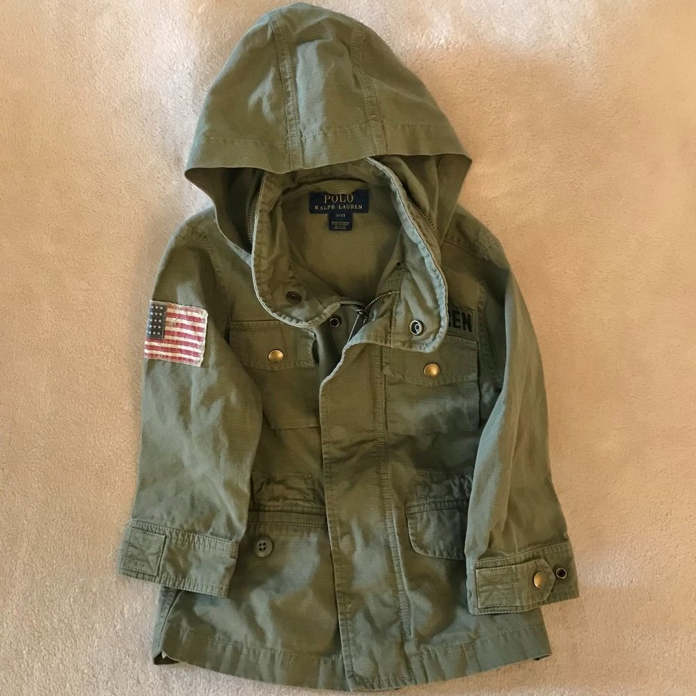 POLO RALPH LAUREN  SIZE TODDLER 3T HOODED ZIPPER UTILITY JACKET IN OLIVE  GREEN